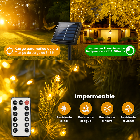 CORTINA  DE LUCES DE NAVIDAD CON PANEL SOLAR Y CONTROL REMOTO (10 METROS)